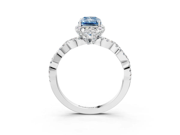 White gold Fancy Blue Radiant  Halo Twist Band Solitaire Ring with Six-Prong Setting