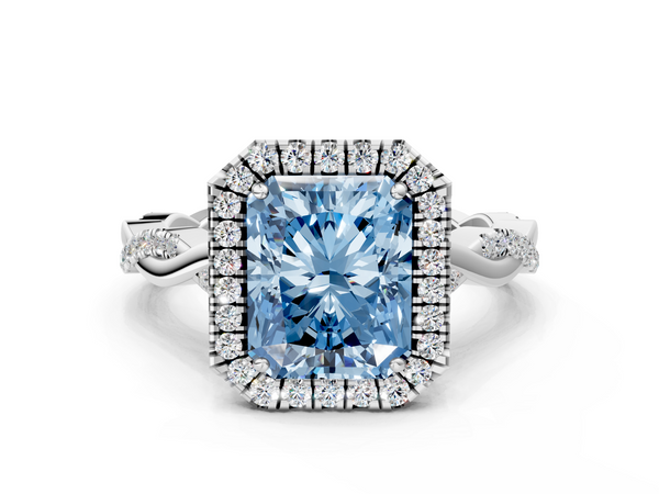 White gold Fancy Blue Radiant  Halo Twist Band Solitaire Ring