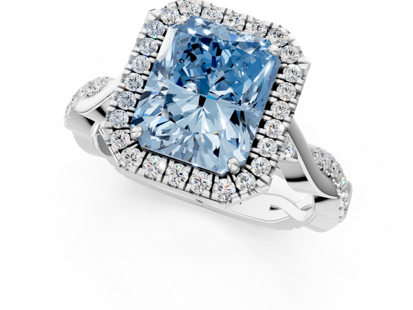 White gold Fancy Blue Radiant  Halo Twist Band Solitaire Ring