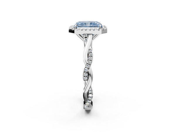 White gold Fancy Blue Radiant  Halo Twist Band Solitaire Ring
