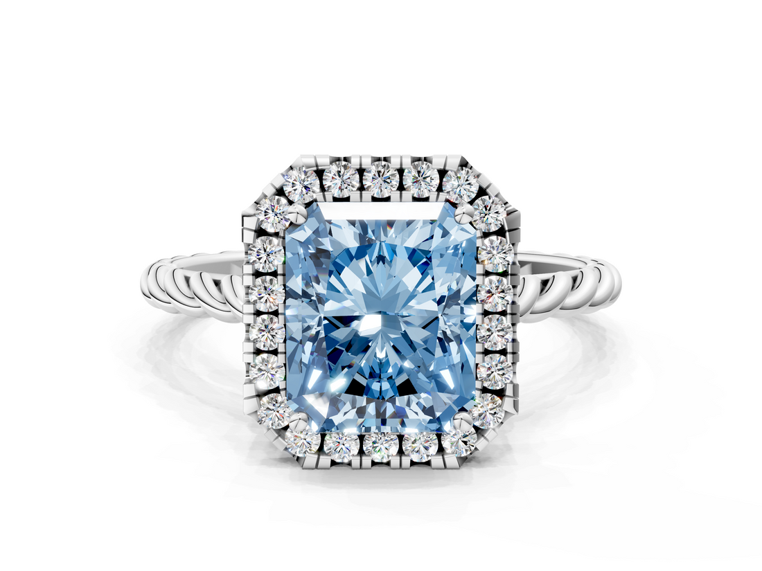 White gold Fancy Blue Radiant  Halo Twisted Band Four-Prong Diamond Ring_20