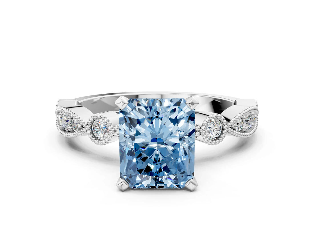 White gold Fancy Blue Radiant  Milgrain Bezel Diamond Engagement Ring with Solitaire Prong Setting_155