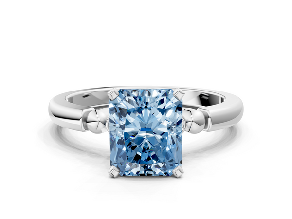 White gold Fancy Blue Radiant  Solitaire Beaded Band with Four-Prong Setting
