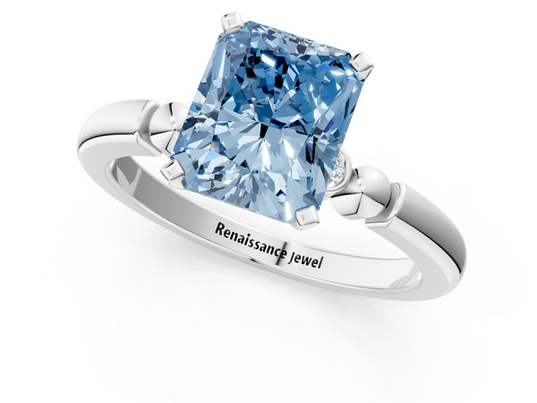 White gold Fancy Blue Radiant  Solitaire Beaded Band with Four-Prong Setting