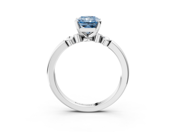 White gold Fancy Blue Radiant  Solitaire Beaded Band with Four-Prong Setting
