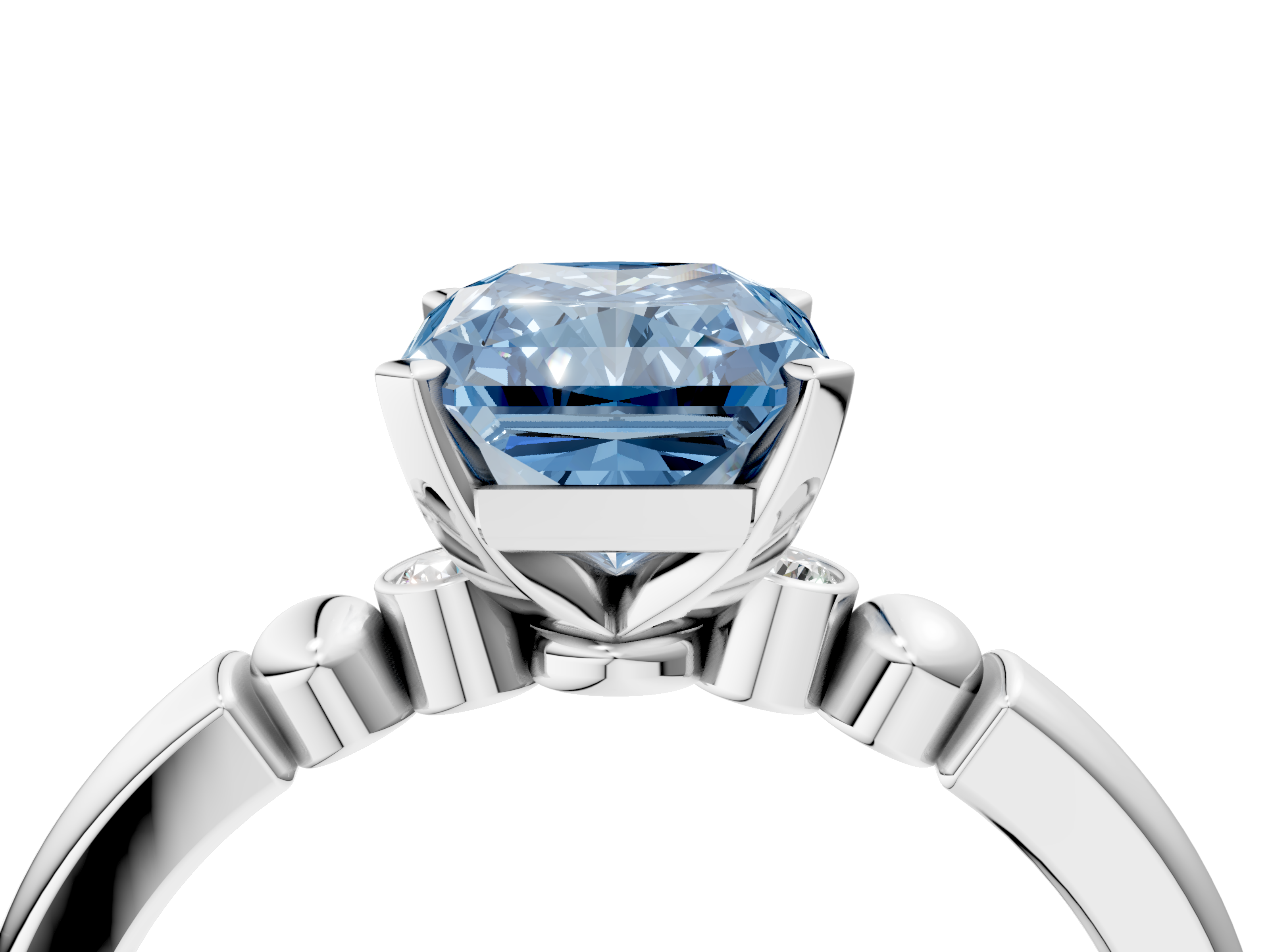 White gold Fancy Blue Radiant  Solitaire Beaded Band with Four-Prong Setting_71