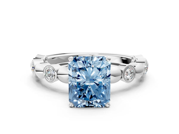White gold Fancy Blue Radiant  Solitaire Bezel-Set Diamond Ring with Beaded Band and Four-Prong Setting