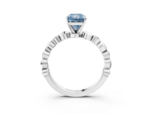 White gold Fancy Blue Radiant  Solitaire Bezel-Set Diamond Ring with Beaded Band and Four-Prong Setting