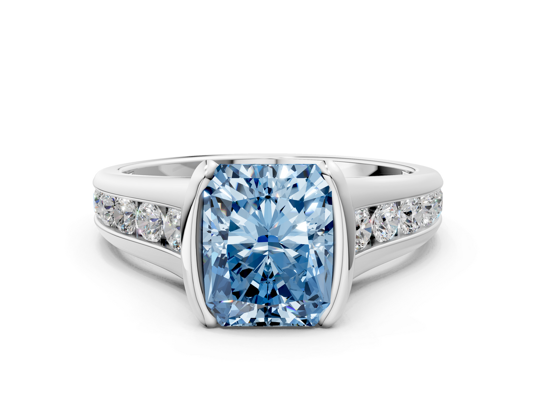 White gold Fancy Blue Radiant  Solitaire Bezel-Set Diamond Ring with Channel-Set Band_37