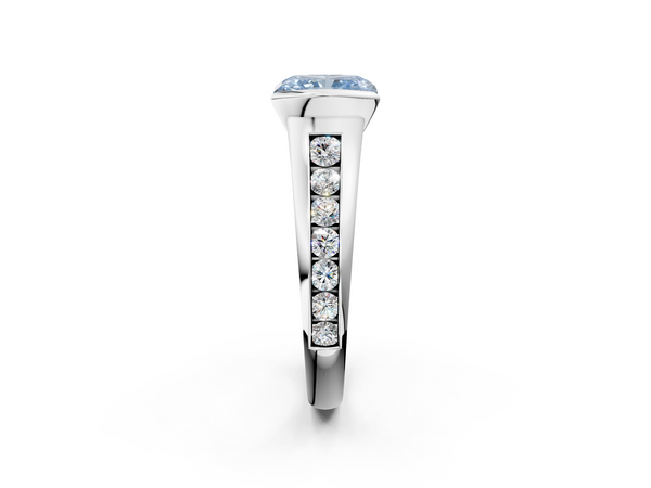 White gold Fancy Blue Radiant  Solitaire Bezel-Set Diamond Ring with Channel-Set Band