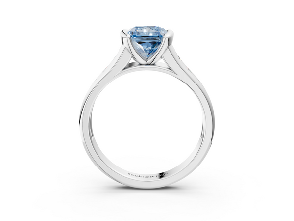 White gold Fancy Blue Radiant  Solitaire Bezel-Set Diamond Ring with Channel-Set Band