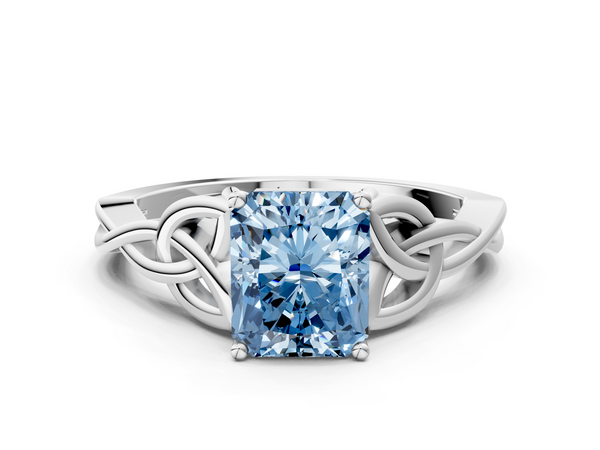 White gold Fancy Blue Radiant Cut Diamond Solitaire Engagement Ring with Celtic Knot Band and Four-Prong Setting