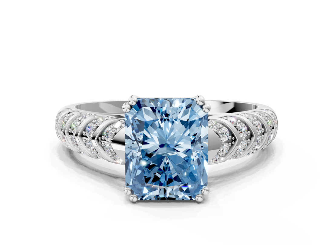 White gold Fancy Blue Radiant  Solitaire Chevron Pave Diamond Engagement Ring with Six-Prong Setting_3