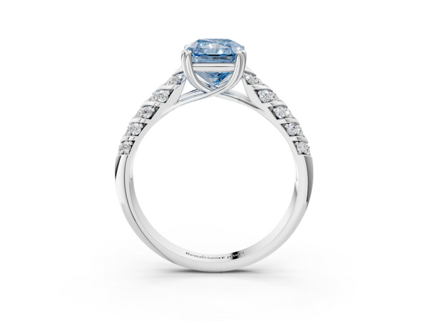 White Gold Radiant Cut Chevron Pave Solitaire Engagement Ring Setting for Fancy Blue Center