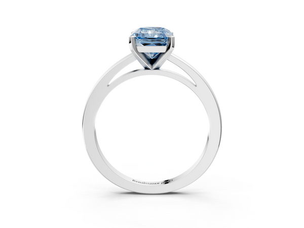 White gold Fancy Blue Radiant  Solitaire Diamond Engagement Ring with Four-Prong Setting on a Classic Band