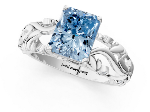White gold Fancy Blue Radiant  Solitaire Diamond Leaf Vine Band with Prong Setting_46