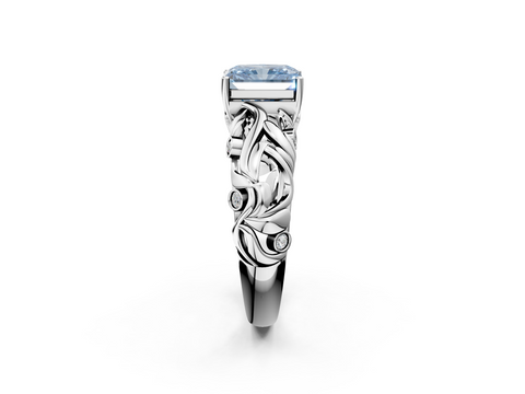 White gold Fancy Blue Radiant  Solitaire Diamond Leaf Vine Band with Prong Setting_47