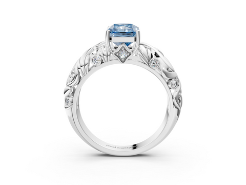 White gold Fancy Blue Radiant  Solitaire Diamond Leaf Vine Band with Prong Setting_48