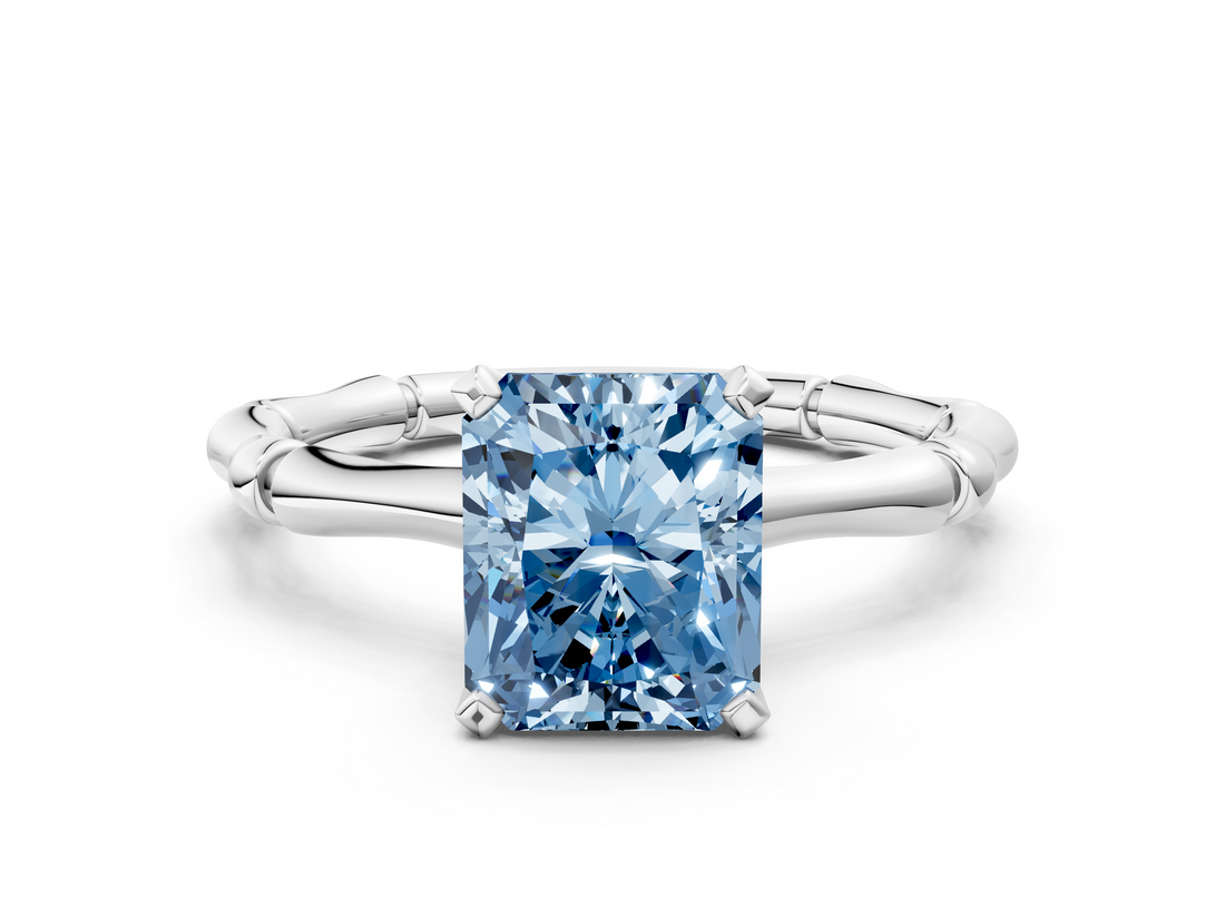White gold Fancy Blue Radiant  Solitaire Diamond Ring with Bamboo Band and Four-Prong Setting_77