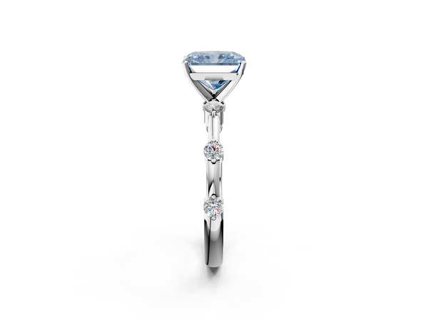 White gold Fancy Blue Radiant  Solitaire Diamond Ring with Bezel Set Side Stones and Prong Setting