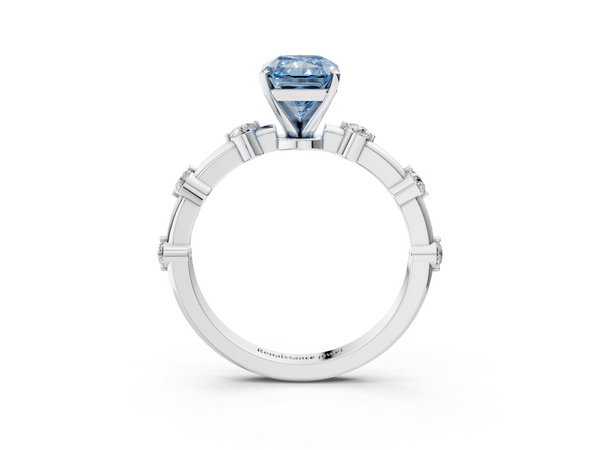 White gold Fancy Blue Radiant  Solitaire Diamond Ring with Bezel Set Side Stones and Prong Setting