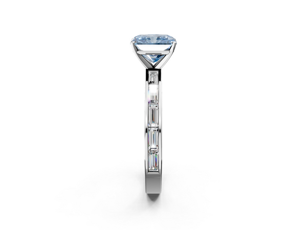 White gold Fancy Blue Radiant  Solitaire Diamond Ring with Channel-Set Baguette Band and Four-Prong Setting