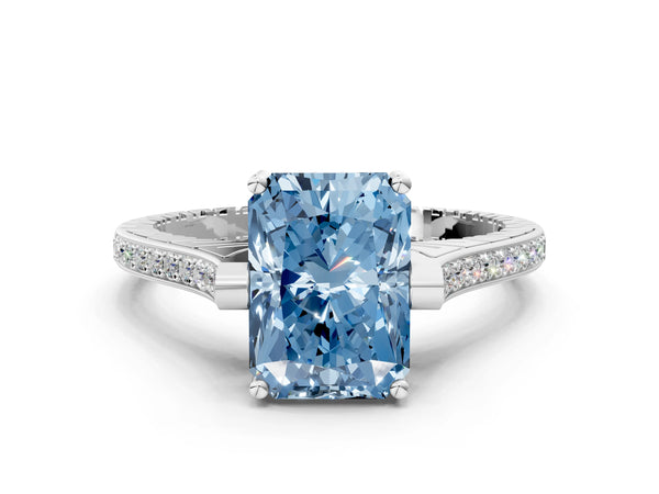 Platinum Fancy Blue Radiant  Solitaire Diamond Ring with Channel Set Band and Bezel Prong Setting