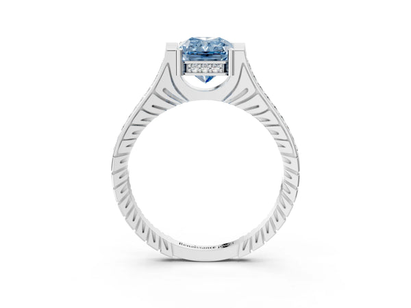 Platinum Fancy Blue Radiant  Solitaire Diamond Ring with Channel Set Band and Bezel Prong Setting