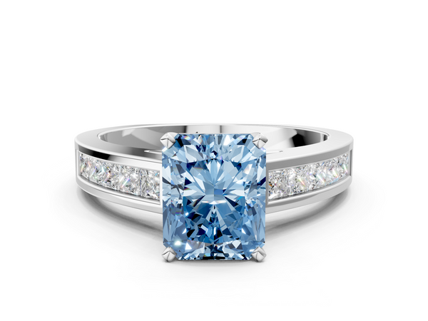 Platinum Fancy Blue Radiant  Solitaire Diamond Ring with Channel-Set Band and Four-Prong Setting