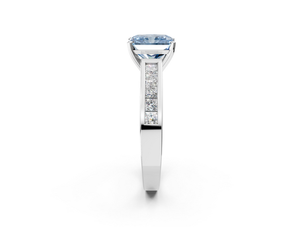 Platinum Fancy Blue Radiant  Solitaire Diamond Ring with Channel-Set Band and Four-Prong Setting