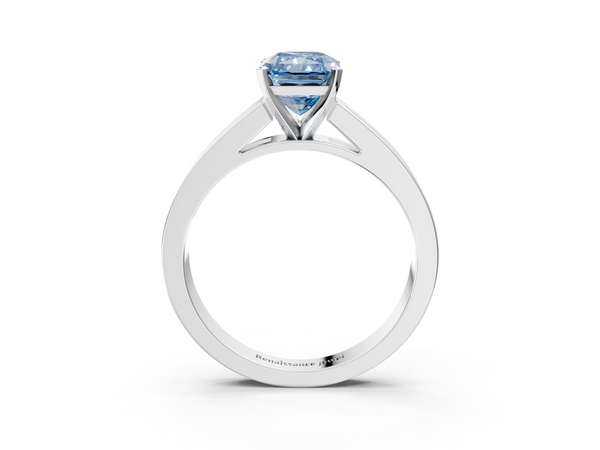 Platinum Fancy Blue Radiant  Solitaire Diamond Ring with Channel-Set Band and Four-Prong Setting