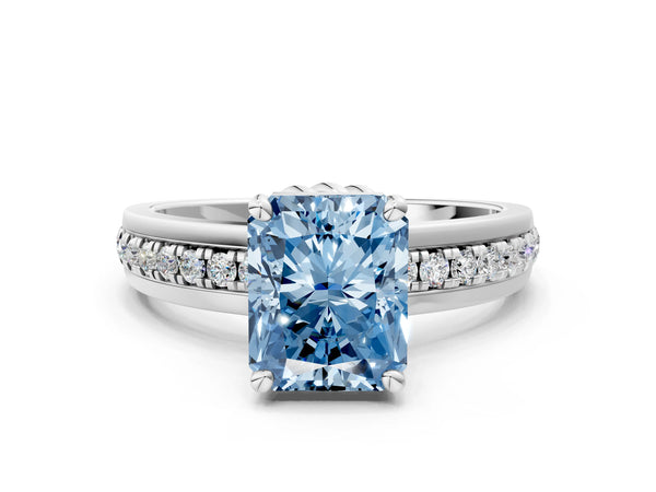 Platinum Fancy Blue Radiant  Solitaire Diamond Ring with Channel Set Band and Six-Prong Setting