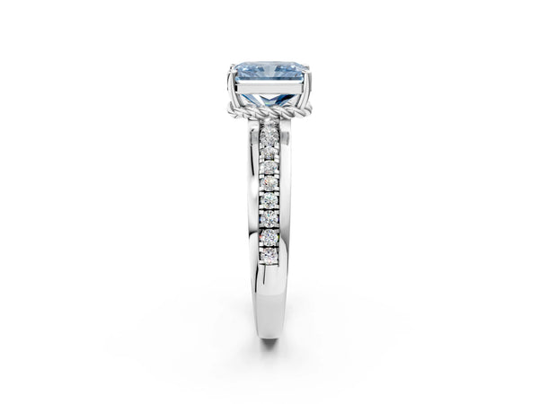 Platinum Fancy Blue Radiant  Solitaire Diamond Ring with Channel Set Band and Six-Prong Setting