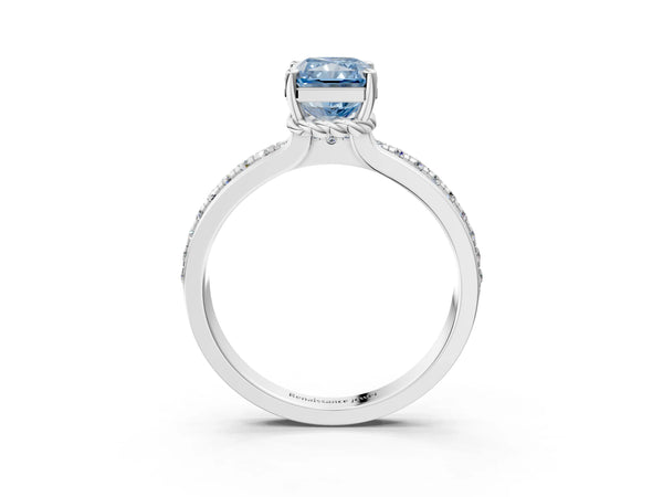 Platinum Fancy Blue Radiant  Solitaire Diamond Ring with Channel Set Band and Six-Prong Setting