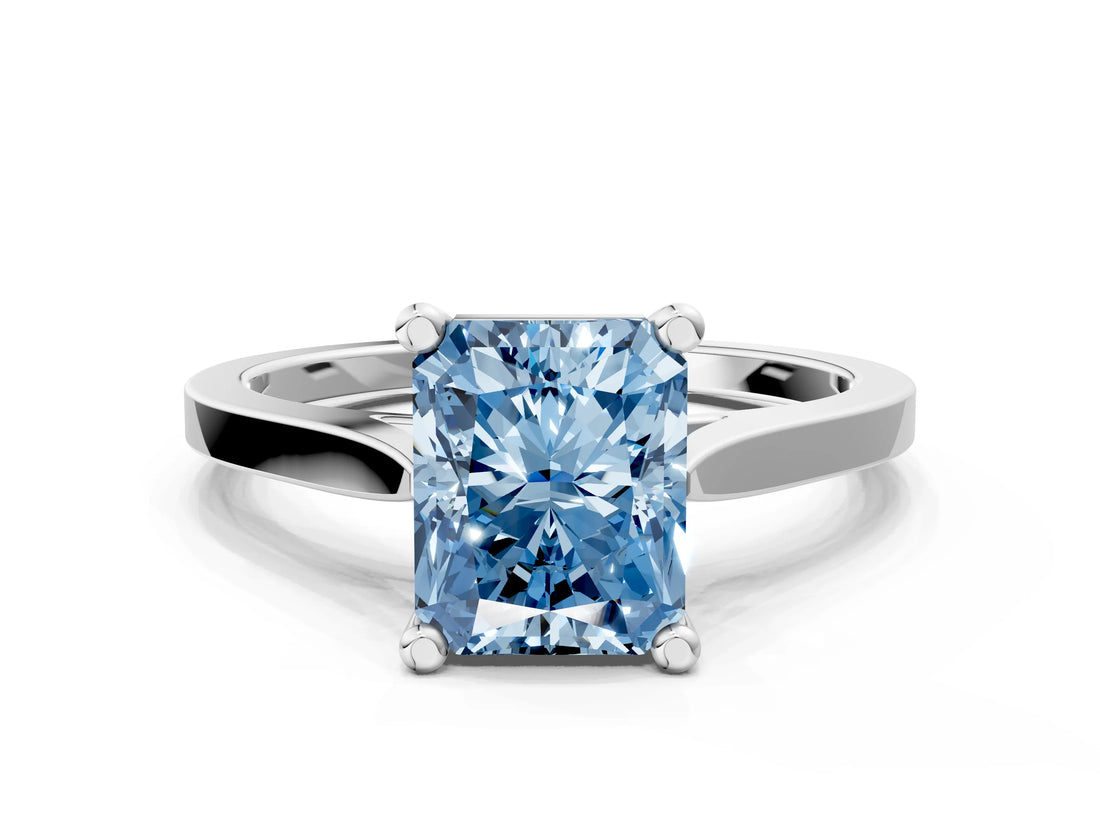 White gold Fancy Blue Radiant  Solitaire Diamond Ring with Four-Prong Setting and Tapered Band 2
