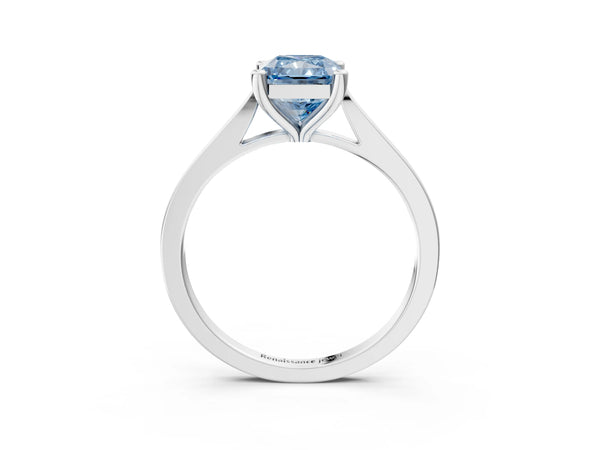 White gold Fancy Blue Radiant  Solitaire Diamond Ring with Four-Prong Setting and Tapered Band