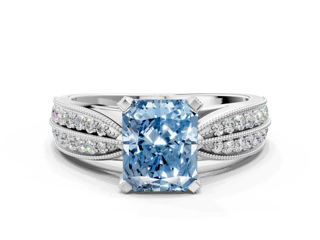 White gold Fancy Blue Radiant  Solitaire Diamond Ring with Milgrain Pavé Band and Four-Prong Setting_26