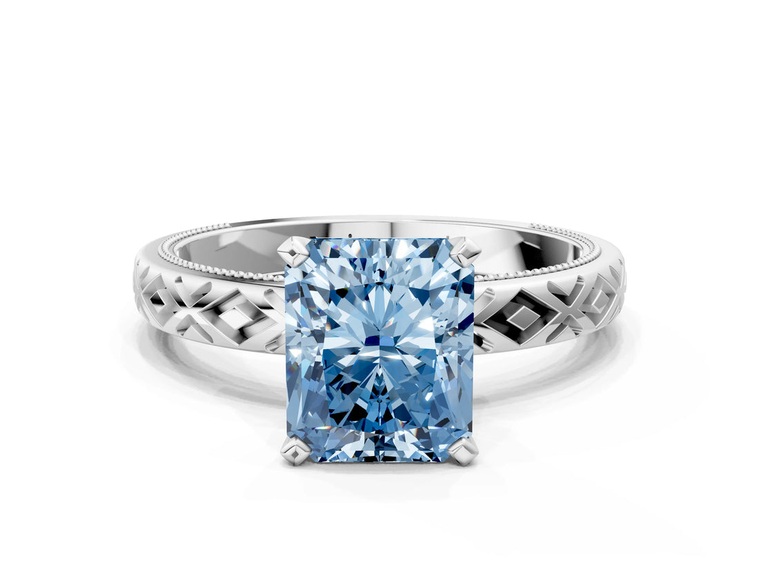 White gold Fancy Blue Radiant  Solitaire Diamond Ring with Milgrain and Black Enamel X Pattern Band_201