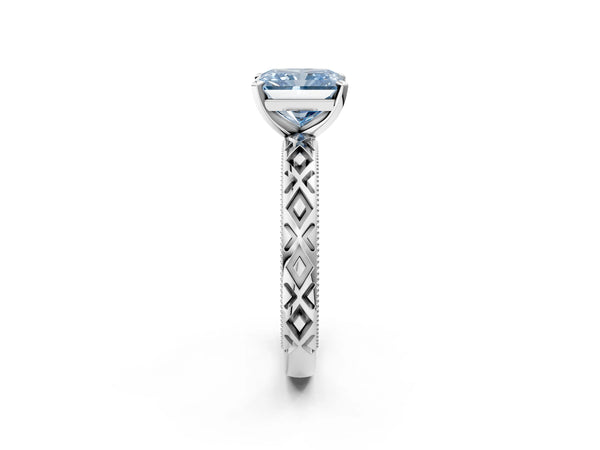 White gold Fancy Blue Radiant  Solitaire Diamond Ring with Milgrain and Black Enamel X Pattern Band