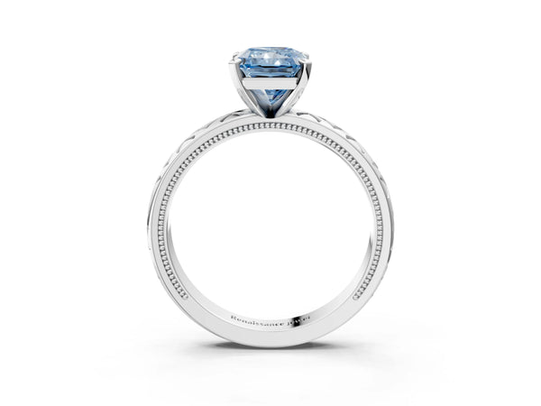 White gold Fancy Blue Radiant  Solitaire Diamond Ring with Milgrain and Black Enamel X Pattern Band