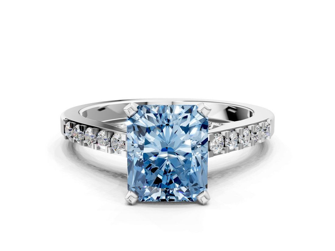 White gold Fancy Blue Radiant  Solitaire Diamond Ring with Pavé Band and Four-Prong Setting_84