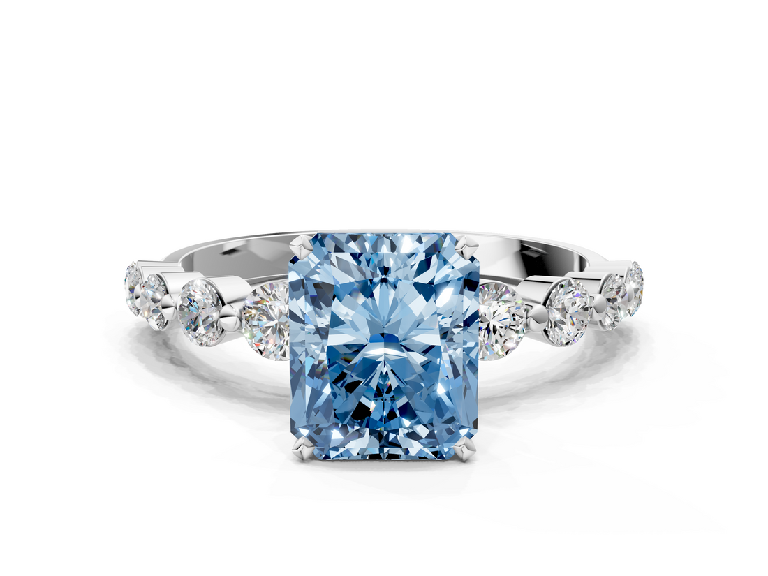 White gold Fancy Blue Radiant  Solitaire Diamond Ring with Pave Band and Four-Prong Setting_269