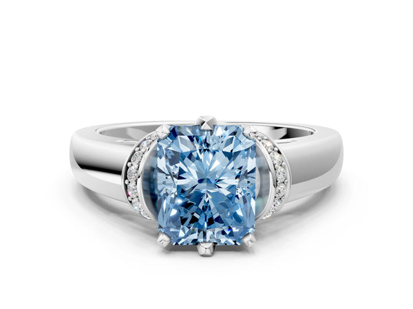 White gold Fancy Blue Radiant  Solitaire Diamond Ring with Pave Band and Six-Prong Setting