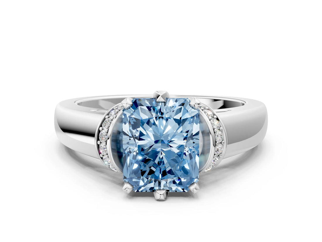 White gold Fancy Blue Radiant  Solitaire Diamond Ring with Pave Band and Six-Prong Setting_32