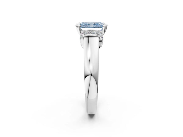 White gold Fancy Blue Radiant  Solitaire Diamond Ring with Pave Band and Six-Prong Setting