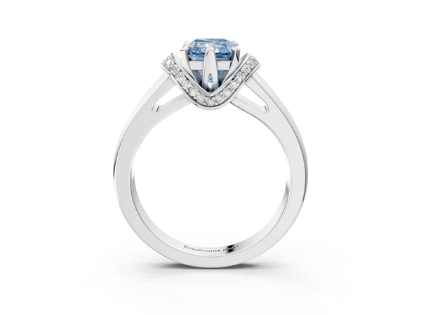 White gold Fancy Blue Radiant  Solitaire Diamond Ring with Pave Band and Six-Prong Setting