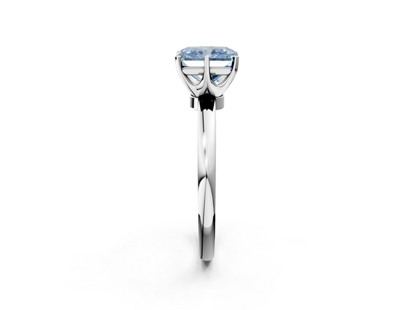 Platinum Fancy Blue Radiant  Solitaire Diamond Ring with Six-Prong Setting on a Classic Band