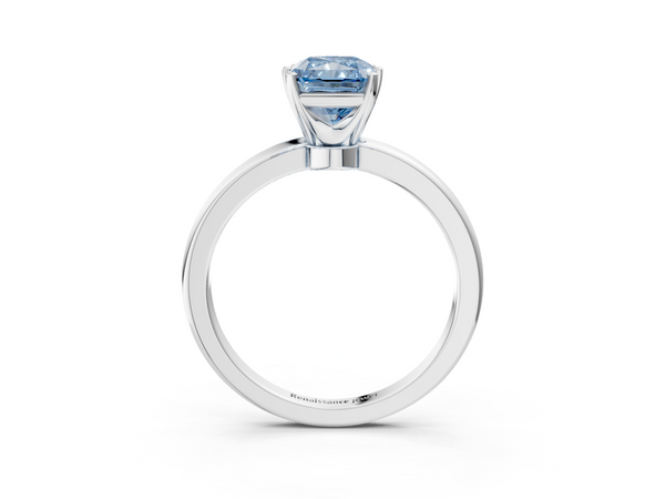 Platinum Fancy Blue Radiant  Solitaire Diamond Ring with Six-Prong Setting on a Classic Band