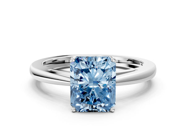 White gold Fancy Blue Radiant  Solitaire Diamond Ring with Split Shank and Four-Prong Setting
