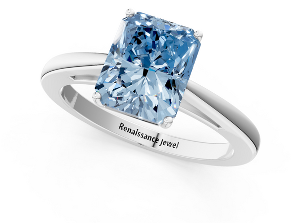 White gold Fancy Blue Radiant  Solitaire Diamond Ring with Split Shank and Four-Prong Setting